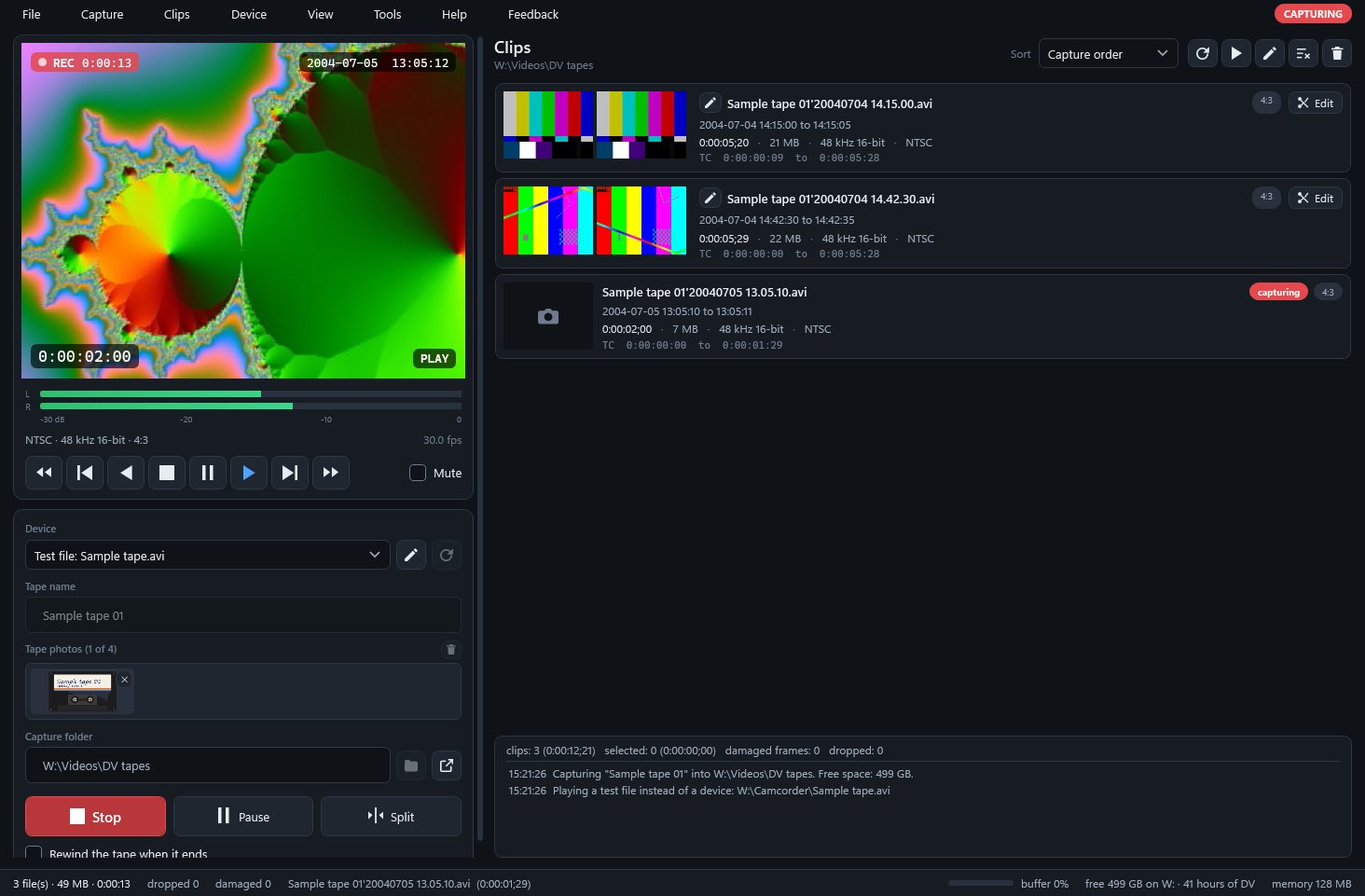Capturing the third scene of a sample tape, with its date, timecode and REC time