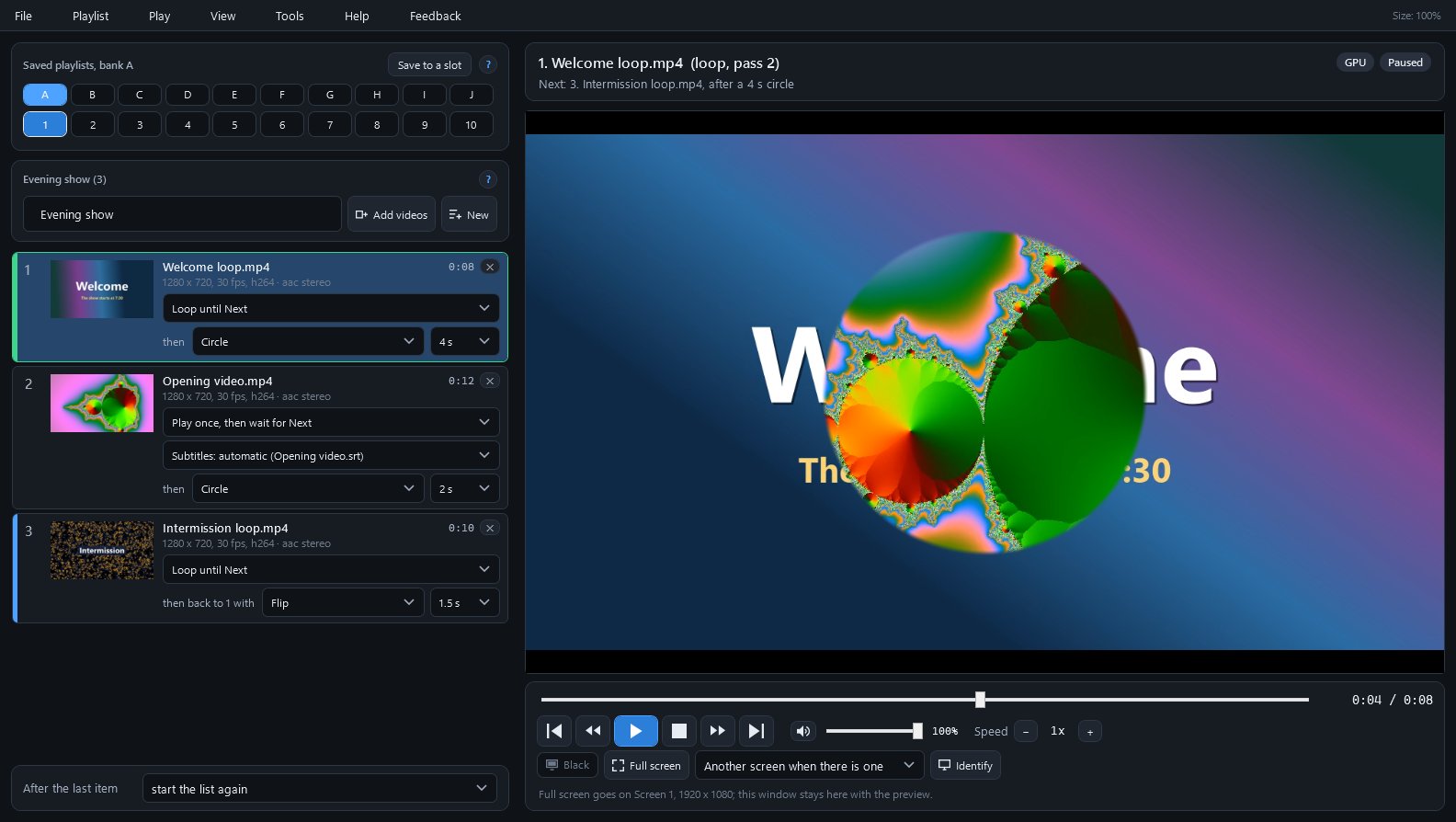 Half way through a 4-second Circle from the welcome loop into the opening video