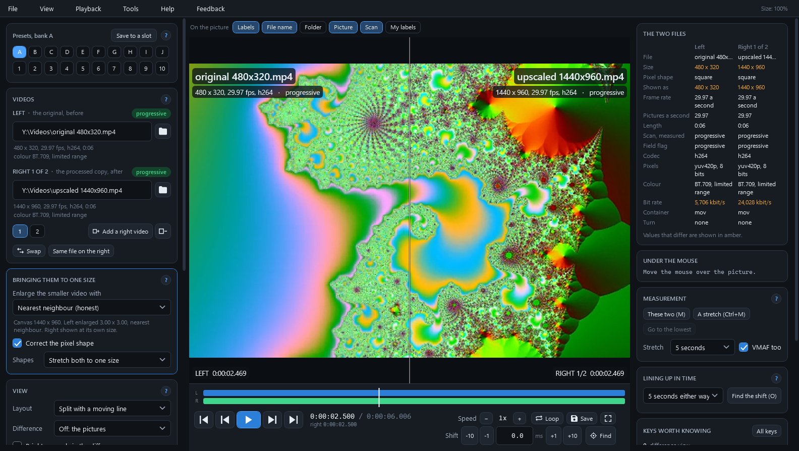 Split view of a 480 x 320 test clip and its 1440 x 960 upscale, with both files' details on the right