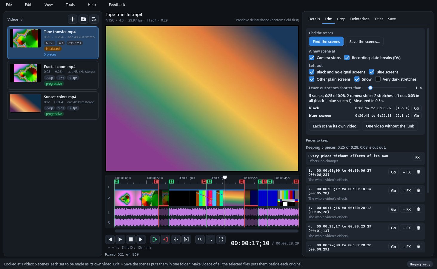 Find the scenes: five scenes marked on the timeline, the black and blue-screen stretches left out