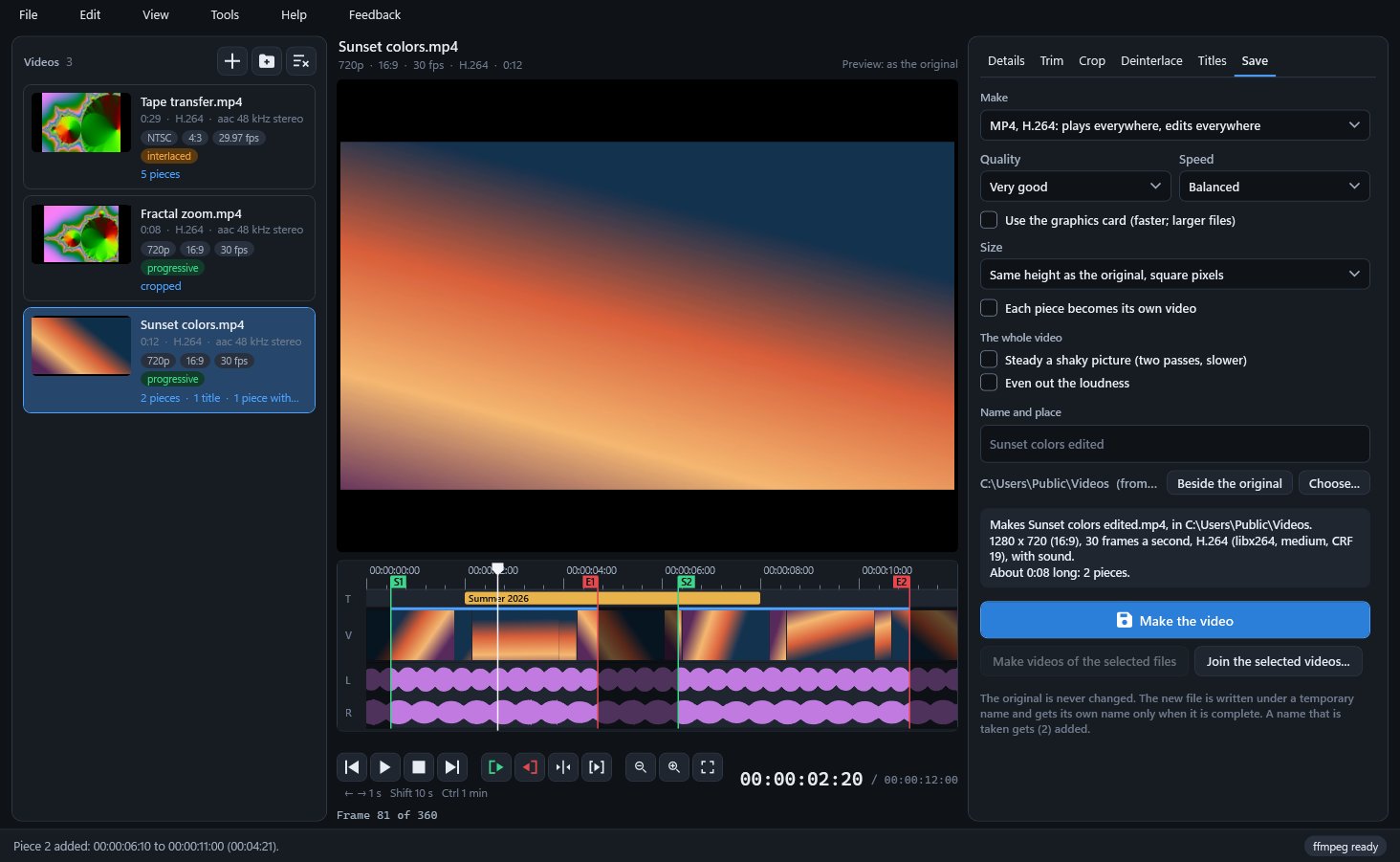 The Save tab says what will be made before you press Make the video